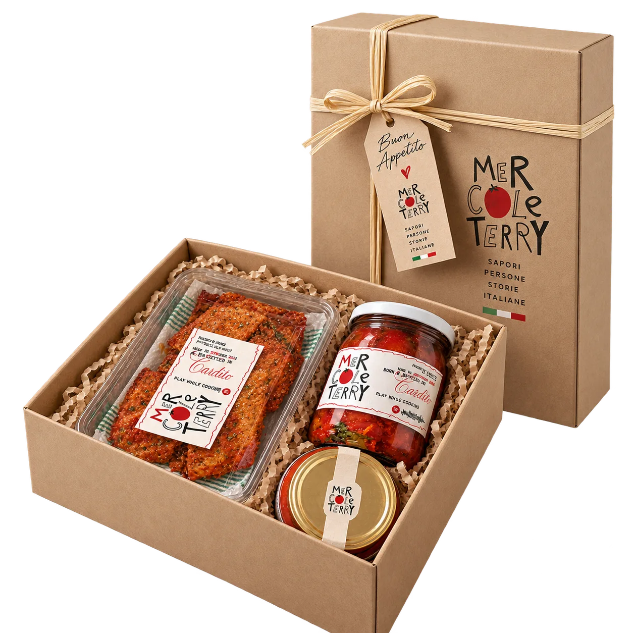 La box Mercoleterry aperta, con crackers di pomodoro, il vasetto di passata e un vasetto piccolo